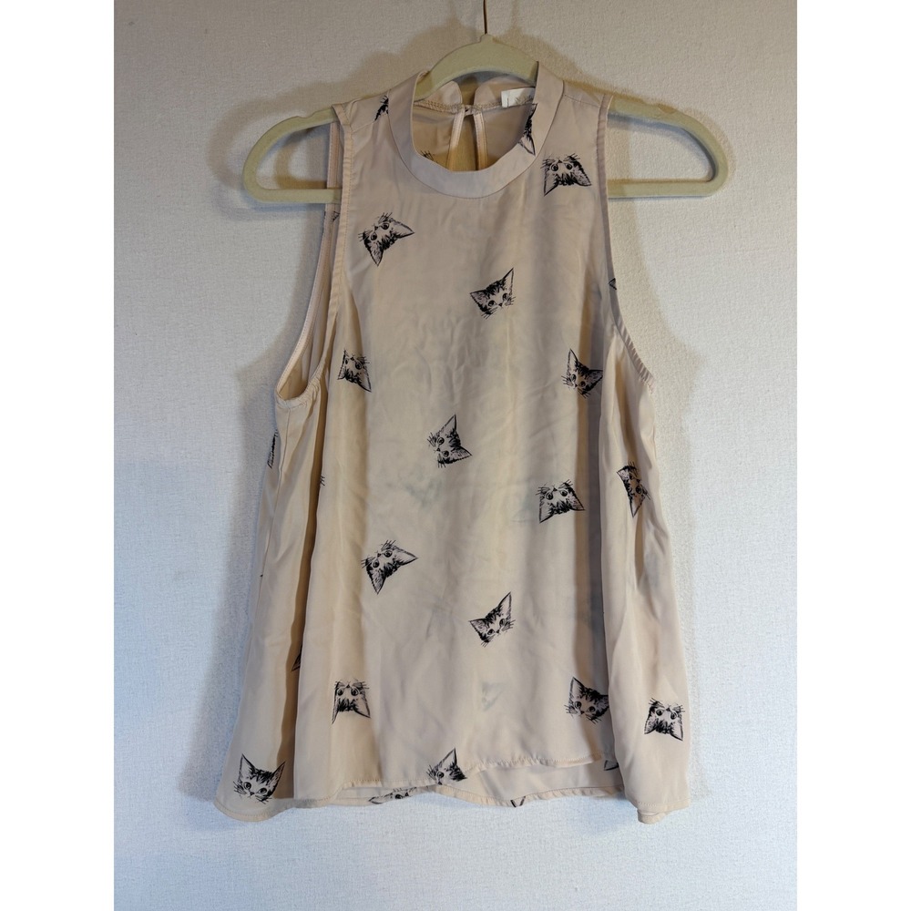 Le Kate Ivory Kitten Print Mock Neck Sleeveless Blouse Top Large T10522T